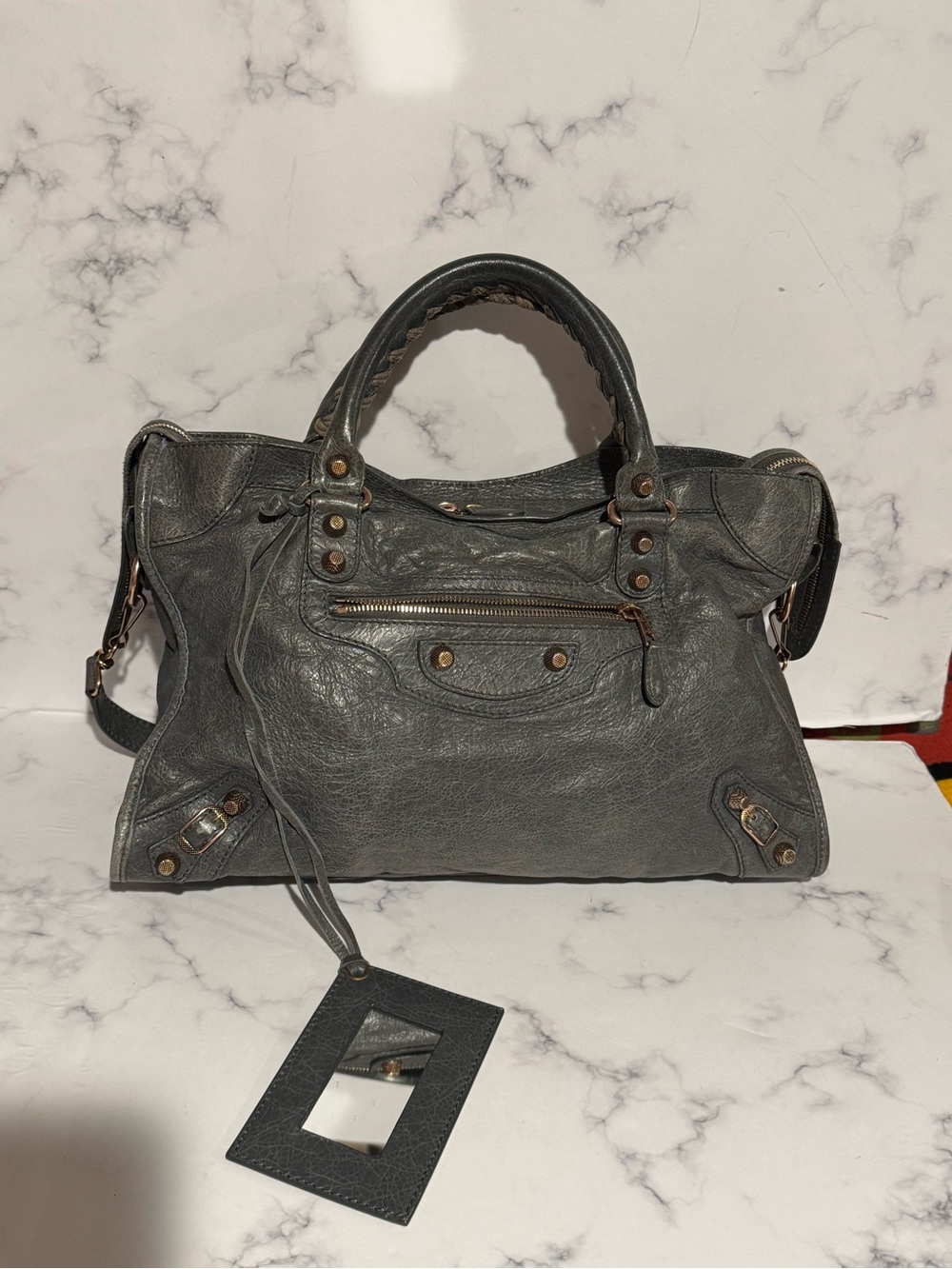 Balenciaga Grey Gris Tarmac lamb Agneau  City with Rose Gold hardware and Strap